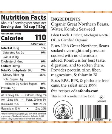 Eden Organic Great Northern Beans - 15 oz Can, No Salt, Non-GMO, Gluten Free, Vegan, Kosher, U.S. Grown - Heat and Serve, Macrobiotic - Smooth Texture - Similar to Cannellini - Buy Online on SooperMarket.com