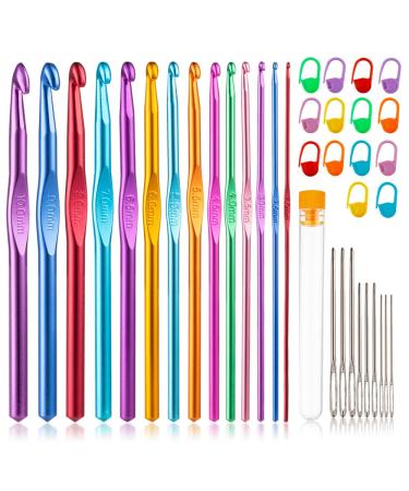 Vodiye 37 PCS Crochet Hooks Set, High Quality Coloured Aluminum Ergonomic Handle Crochet, Hook Needles for Arthritic Hands, with Stitch Markers and Large-Eye Blunt Needles