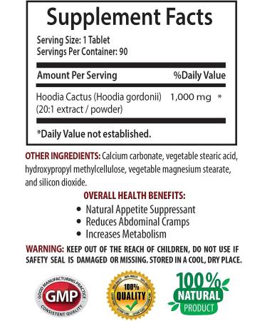 Hoodia Gordonii Extract Powder - 20:1 Concentration - Natural Energy Pills - 4 Bottles, 360 Tablets - Buy Online on SooperMarket.com