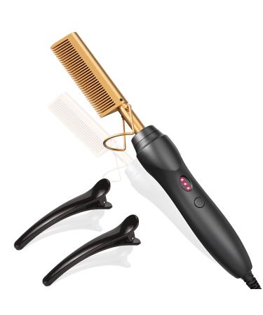 Hot Comb Hair Straightener Heat Pressing Combs - Ceramic Electric Hair Straightening Comb , Curling Iron for Natural Black Hair Beard Wigs Holiday Gift - 3 In1 Gold