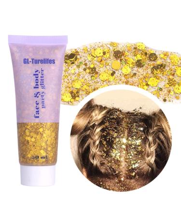 GL-Turelifes Chunky Glitter Gel Glitter Body Gel Festival Glitter Cosmetic Face Hair Nails Makeup Mermaid Sequins Liquid Eyeshadow Long Lasting Sparkling 50ml Easy to Apply Easy to Remove (#02 Gold)