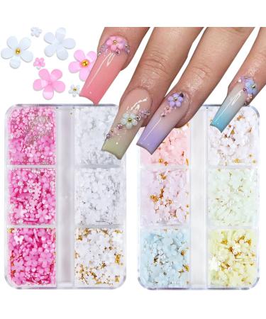 Baoximong 2 Boxes 3D Flower Nail Art Charms White Pink Nail Charms for Acrylic Nails Gold Silver Pearls Nail Art Supplies Rhinestones Spring Cherry Blossom Gems Design Nail Accessories Decorations