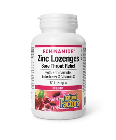 Natural Factors Zinc Lozenges 60 lozenges Cherry Flavour with Echinamide Elderberry & Vitamin C Sore Throat Relief Helps Maintain Immune Function