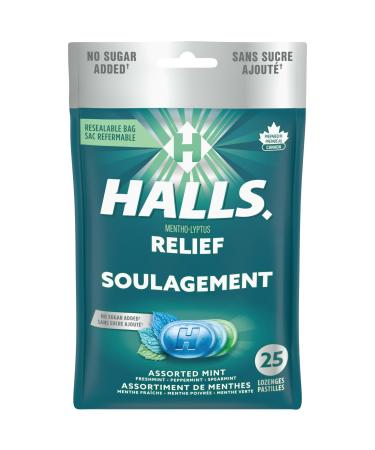 HALLS No Sugar Added Assorted Mint Cough Drops Throat Lozenges Sore Throat Relief Mentho-Lyptus 25 Lozenges Assorted Mint 25 Count (Pack of 1)