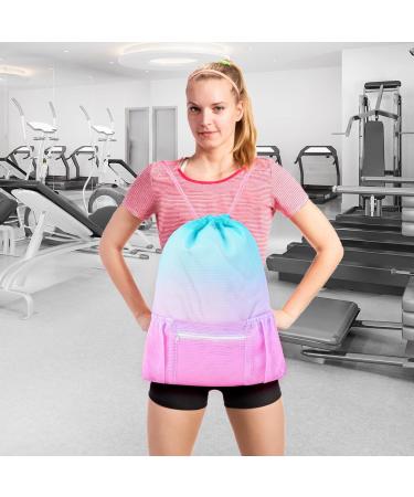 Nidoul Mesh Drawstring Beach Bag with Zipper Pocket - Pink Blue | Ideal for Swimming, Gym & Storage | Adult Kids - Buy Online on SooperMarket.com