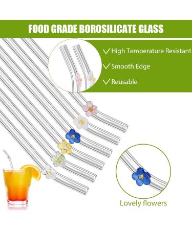 Reusable Glass Straw Clear Glass Straws with Flowers Reusable Straws for Smoothies and Normal Liquid Drinks 6 Bent Straw with 2 Cleaner Brush Flowers Straws - Buy Online on SooperMarket.com