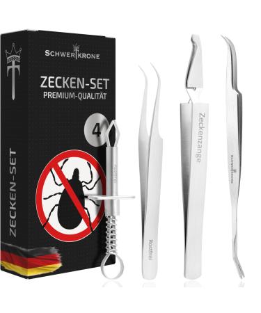 Sword crown tick pliers 4-part set premium stainless steel |Tail tongs |Micket set for dogs |Foreters Ticking tweezers Ticket lifter 4-Set
