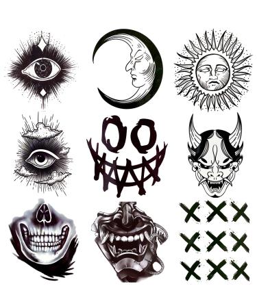 Oottati Waterproof 9 Sheets Back of Hand Fake Temporary Tattoo Stickers - Black Halloween Skull Horror Eye Devil Sun Moon Totem (Halloween)