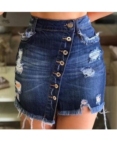 Sanahy Women's Dark Washed Bodycon Denim Skirt - Frayed Mini Pencil Skirt with Front Split and Asymmetrical Distressed Design - Navy XXL - Buy Online on SooperMarket.com