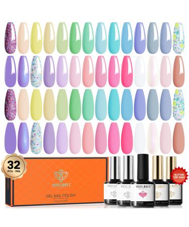 Modelones 32Pcs Pastel Gel Nail Polish Kit 28 Colors Macarons Summer Glitters Gel Polish with Glossy& Glitter& Matte Top Coat Base Coat Starter Kit Soak Off UV Nail Gel Nails Art Manicure Gifts Pastel Blue