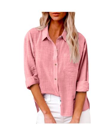 ABABC Womens Tops Dressy Casual Button Down Shirts Cotton Linen V Neck T-Shirt Summer Fashion 2023 Blouse Loose Fit Tunics XX-Large Pink