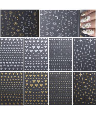 10 Sheets Metallic Nail Art Stickers - Self-Adhesive Decals with Glitter Stars, Moon, Love Heart - Gold & Silver Designs for Women DIY Nail Art - Buy Online on SooperMarket.com