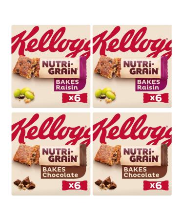 Breakfast Snack Bar Bundle Consisting of Nutrigrain Bars Raisin 6pk x2 & Nutri-Grain Bakes Chocolate Bars 6pk x2 (4 Pack)