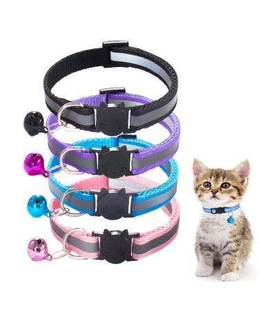 4 Pack Cat Collar Safety Release Adjustable Kitten Collars with Bell Reflective & Quick Release