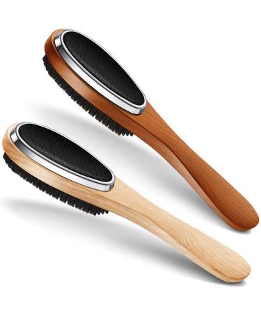 2 Pieces 3 in 1 Lint Cloth Brush Double Sided Garment Brush Lint Remover Brush Shoe Horn Beech Wood Handle for Clothes Wool Coat Couch Pet Hair Random Color