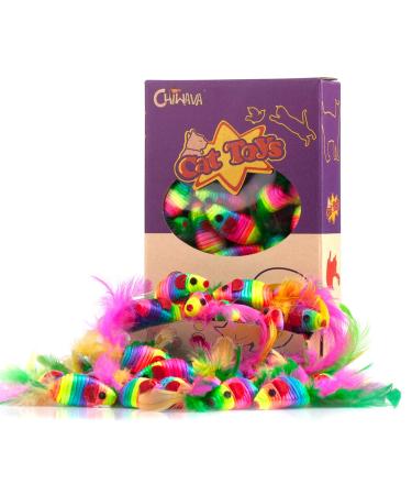 Chiwava 24PCS 5" Rattle Cat Toys Mice with Feather Rainbow Rope Mouse Kitten Interactive Toy Assorted Color