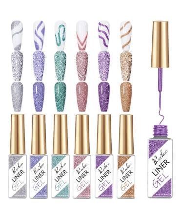 Rechoo 6PCs gel for gelail diamond glitter 8ml reflective glitter uv nail polish gel liner sparkly shiny glitter gelail for nail design glitter nail polish set gelnail colors for draw lines c-6pcs reflective glitter