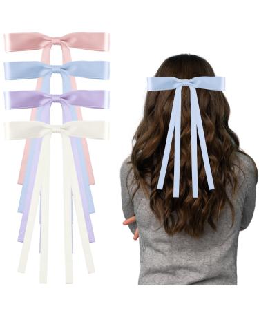 Andibro Silky Satin Hair Bows with Tassel 4 colors Hair Ribbon Barrettes Satin Bowknots Hair Pins Cute Princess Hair Bows French Clips Ponytail Holder Aesthetic Hair Accessories for Women Girls(B)