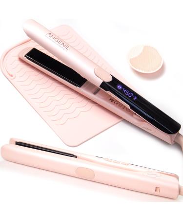 ANGENIL Pro Titanium Flat Iron Hair Straightener Dual Voltage Straightening and Curling Iron in One 15s Fast Heating Negative Ion Round Pink Hair Straightener with Heat Resistant Silicone Mat Pad