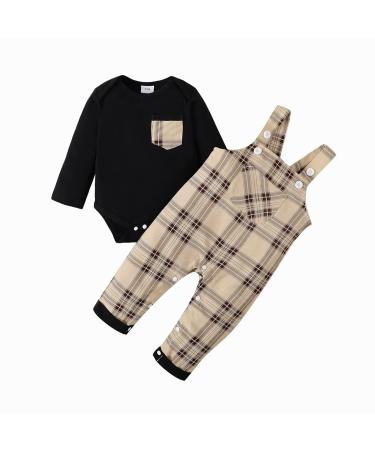 puseky Baby Boy Clothes Suit Newborn Infant Long Sleeve Romper and Plaid Suspenders Overall Pants Spring Fall Outfits 6-12 Months Black