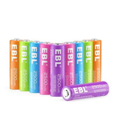 EBL AA Rechargeable Battery 10 Pack 2500mAh Ni-MH Double A Pre-Charged Rechargeable Batteries (10 Pack 5 Colors in a Box)