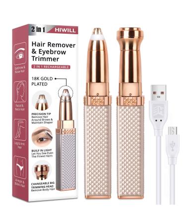 Eyebrow Trimmer & Facial Hair Removal for Women, 2 in 1 Eyebrow Razor and Painless Hair Shaver Rechargeable for Face Peach Fuzz, Eyebrow, Lips, Body, Chin, Arms with Built-in LED Light (Rose Gold)