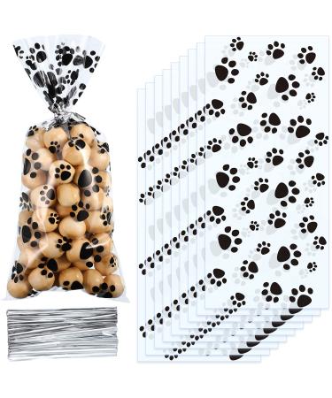 200 Pieces Pet Paw Print Cone Cellophane Bags Heat Sealable Candy Bags Dog Paw Gift Bags Cat Treat Bags with 200 Pieces Silver Twist Ties for Pet Treat Party Favor (Black)