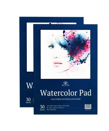Art-N-Fly Watercolor Paper Pad 9x12" 2 Pack - Cold Press Water Color Sketchbook Pad 30 Sheets 140 lb for Art Painting, Drawing, Wet & Mixed Media - Water Coloring Paint Paper for Artist & Kids