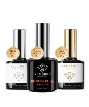 Modelones Builder Gel with Top Coat and Base Coat Set 3Pcs No Wipe Base and Top Coat Gel Nail Polish with Gel Builder for Nails Hard Gel Nail Strengthener Extension Builder Gel in a Bottle Transparent