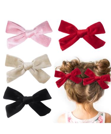 4Pcs Bow Hair Clips for Girls 3.8 Inch Velvet Hair Bows Christmas Hair Clips for Women Toddler Girls(4 Colors)
