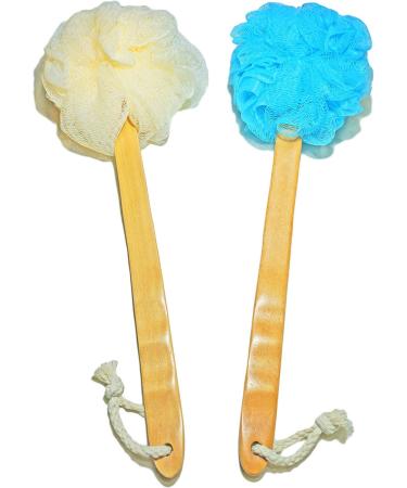 2-Pack Shower Loofah Body & Back Scrubber - Exfoliating Loofah luffa loofa Bath Brush On a Stick - With Long Wooden Handle Back Brush For Men & Women - Easy Reach Body Wash & Lotion Applicator