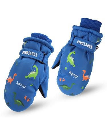 XIAOHAWANG Kids Ski Gloves Baby Boys Winter Dinosaur Glove Toddler Girls Waterproof Mittens 2-8 Years Royal Blue Dinosaur 2-4 Years