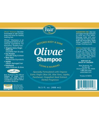 Baar Olivae Shampoo - Organic Olive Oil Formula for Nourishing & Repairing Hair | Aloe Vera & Jojoba Oil | 16.5 Fl Oz - Buy Online on SooperMarket.com