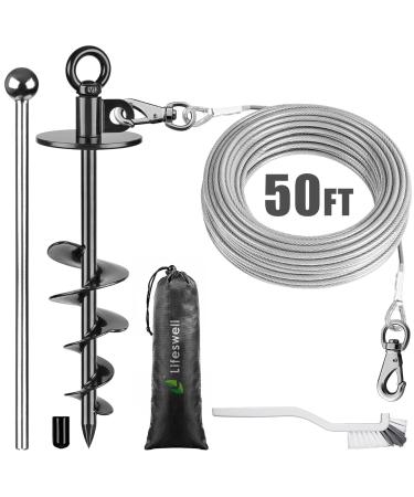 Dog Tie Out Cable and Stake 50ft Chew Proof Stainless Steel Cable 15" Heavy Duty Dog Anchor for Dogs Up to 125lbs No Tangle Dog Runner for Yard and Camping 50 ft cable + Round dog stake