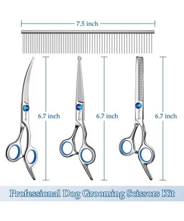 Professional 5 in 1 Dog Grooming Scissors Kit with Safety Round Tips - Stainless Steel Shears & Comb Set for Cats & Dogs | Blue - Buy Online on SooperMarket.com