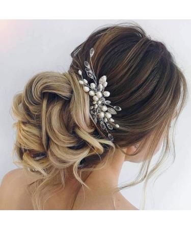 Handcess Bride Wedding Pearl Hair Pins Silver Leaf Headpieces Crystal Bridal Hair Accessories for Bride and Braidesmaids