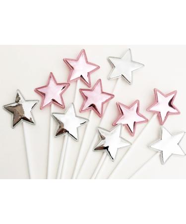 Ailexi Hand -made 10 leather reflective glitter cake piece for cake cup cake and ice cream - 5 pink and 5 silver stars pink/silver stars