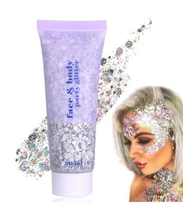 Body Glitter Gel 50ml Face Glitters Body Gel Sequins Shimmer Liquid Eyeshadow Mermaid Sequins Sparkling Chunky Body Lotion Glitter Liquid for Face Body Eye Hair Nail DIY Makeup Decoration-Silver#05 05#Silver