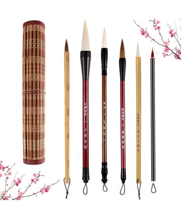 6 Pieces Chinese Calligraphy Brushes Painting Writing Brushes Watercolor Brushes Set Kanji Japanese Sumi Painting Drawing Brushes Kanji Art Brushes with Roll-up Brush Holder