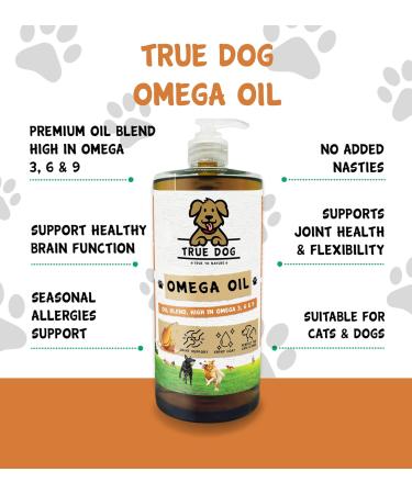 True Dog Premium Omega Oil High Grade Omega 3 6 & 9 supplement for Dogs & Cats | Hemp & Flaxseed Blend Joint Mobility Skin & Coat Support (1ltr) - Buy Online on SooperMarket.com