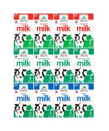 Dairy Pride 12 x 1Ltr Assorted UHT Milk with Welari Thank You Card Multipack (whole x4 Semi x4 Skimd x4) Long Lasting Life Cold Drink Baking Cooking (12L) (12pack)
