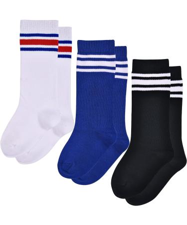 LO SHOKIM Toddler Knee High Soccer Socks - Kids Girls Boys Striped Over the Calf Uniform Stockings 3 Pairs (Black, Blue, White & Red) - Size 5-7 Years - Buy Online on SooperMarket.com
