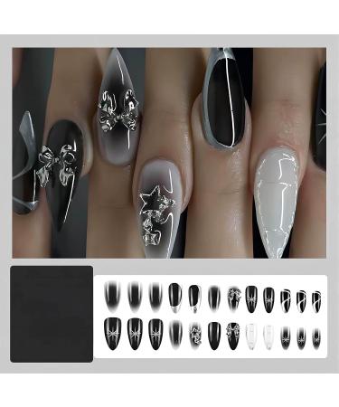 Buy Almond Press on Nails - Medium Black Ombre False Nails with 3D Bow Designs & Star Charms | Glossy Acrylic Stick-On Nails for Women - 24PCS - Buy Online on SooperMarket.com