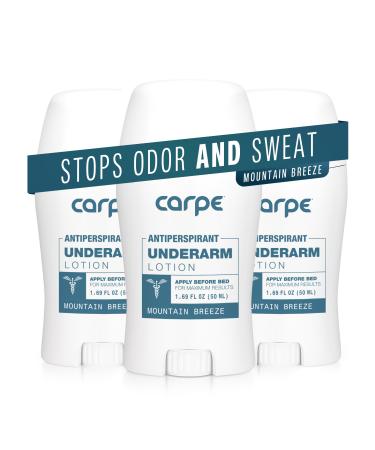 Carpe Underarm Antiperspirant and Deodorant Clinical strength with Mountain Breeze scent Combat excessive sweating Stay fresh and dry Great for hyperhidrosis (Pack of 3) Mountain Breeze 1.69 Fl Oz (Pack of 3)
