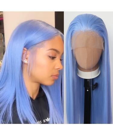 Tawarm Long Light Light Blue Wig Middle Part Synthetic Lace Front wigs for black women glue-free 33 x 7.6 cm hand-knotted high-temperature fiber daily wear cosplay wig Straight light blue