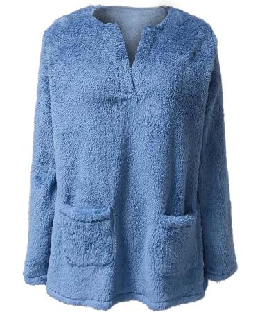 AMhomely Women's Plus Size Teddy Fleece Hooded Jumper - V Neck Pullover Sweatshirt in Blue - 3XL - Buy Online on SooperMarket.com