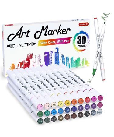 Shuttle Art 30 Colors Dual Tip Art Markers Permanent Marker Pens Highlighters Perfect for Illustration Adult Coloring Sketching and Card Making