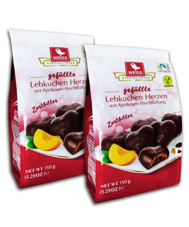 Pack of 2 white filled dark chocolate gingerbread hearts with apricot filling 2x 150g