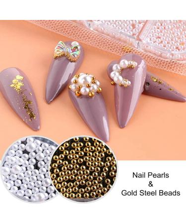 SRMAN 1Box Pearl Decorations Nail Charms White Round Nail Parts Gold Steel Beads Balls Jewelry Nail Art Accessories Color:ZZ01 - Buy Online on SooperMarket.com