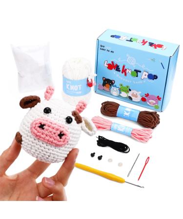 loveknotpop Crochet Kit for Beginners: Crochet Animal Kit for Adults Kids Teens Starters, Easy Knitting Soft Yarn, Step-by-Step Video, Decompress Cute Cow, Easter Mother Day Christmas Birthday Gift